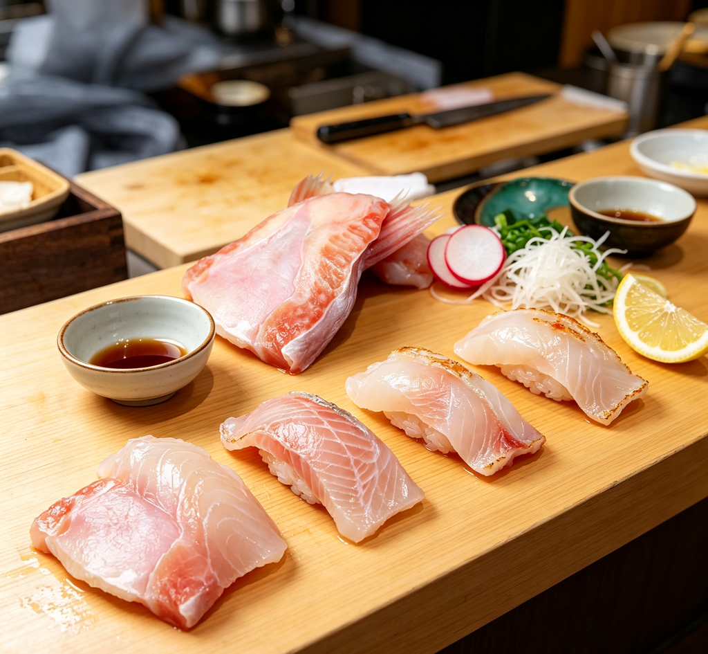 Fresh fish platter arranged on a wooden board