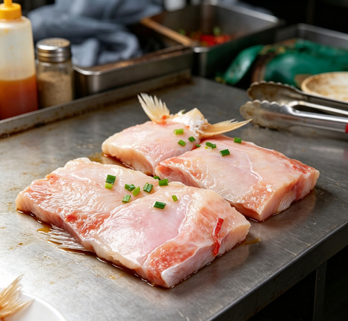 Hand-sliced fish pieces with citrus and radish garnish