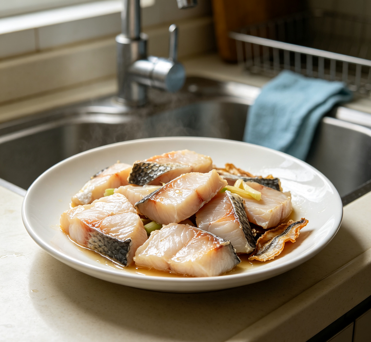 Fresh white fish fillets arranged on a white dish