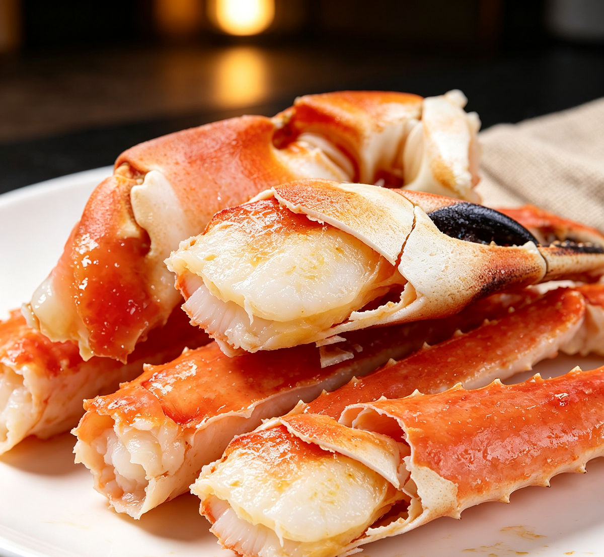 Cooked crab claws with orange shells and black tips