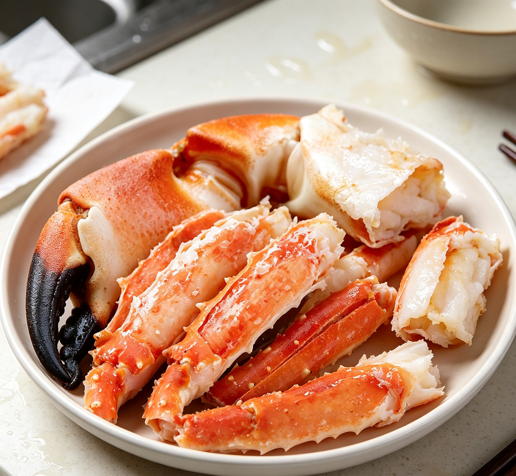 Close-up of crab claws arranged on a platter