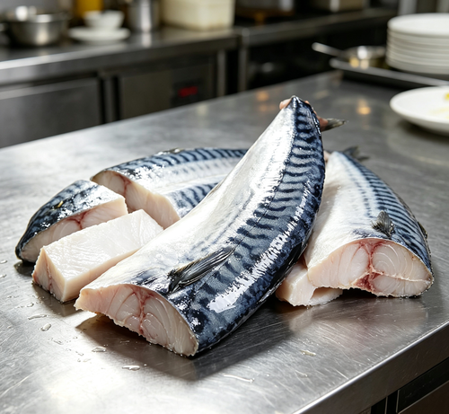 Fresh mackerel fillets with blue and silver skin
