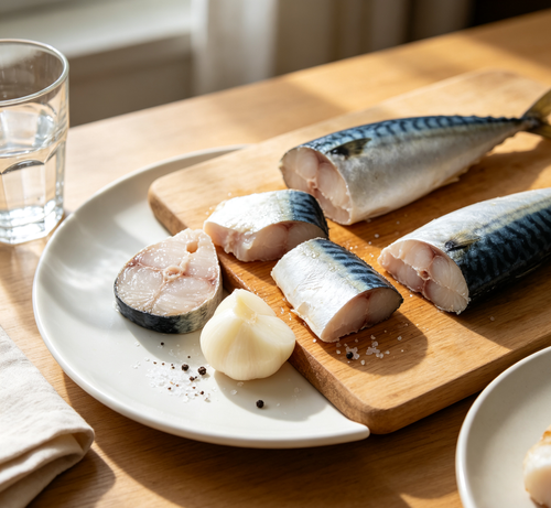 Mackerel fillets arranged on a chilled tray