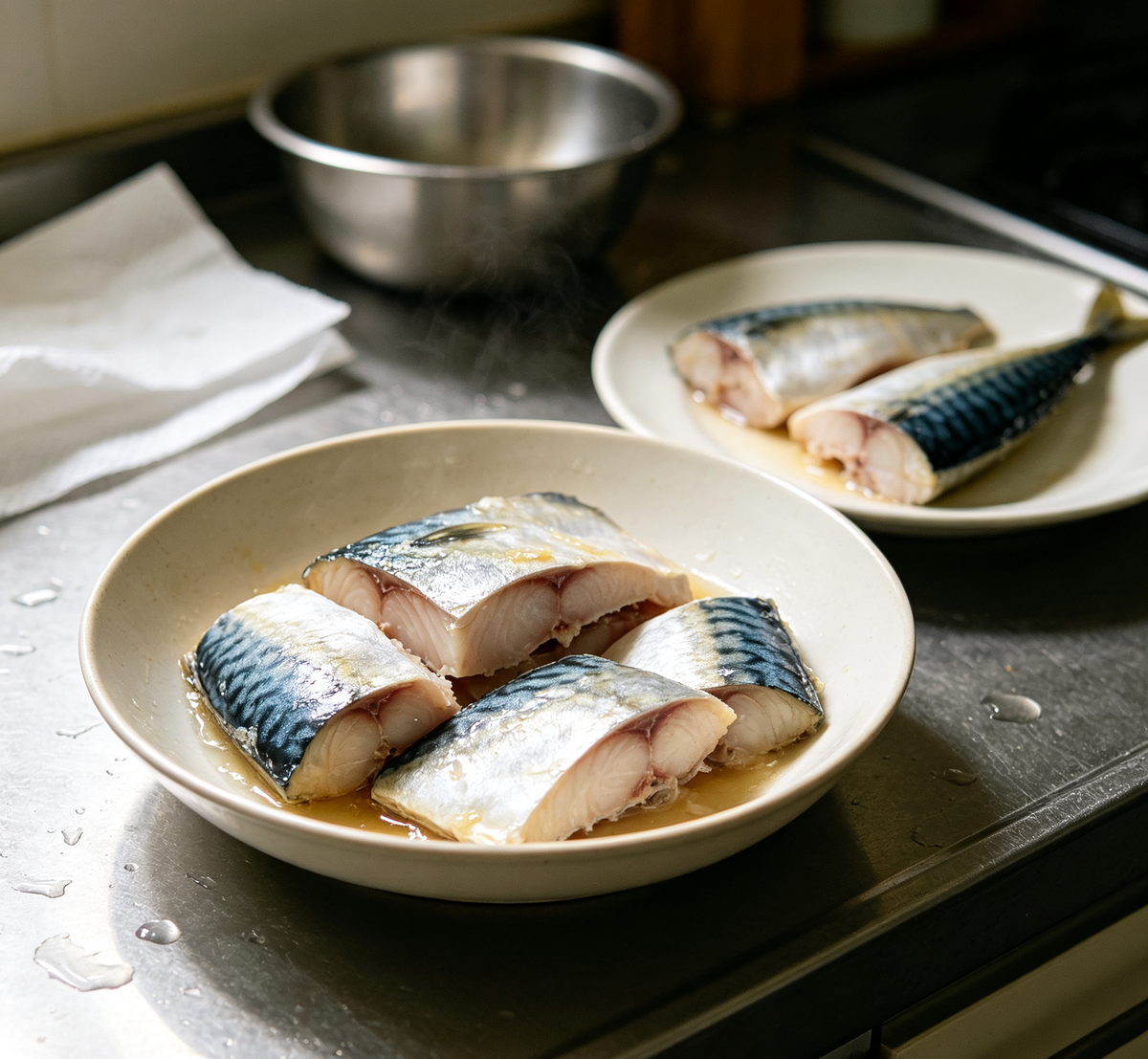 Close-up of mackerel fillet flesh and skin