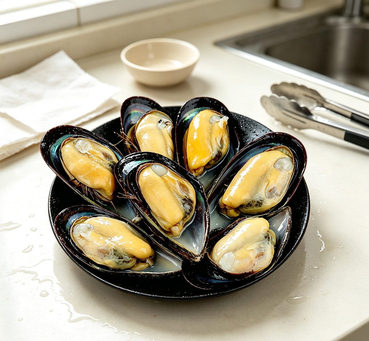 Freshly steamed mussels with golden flesh