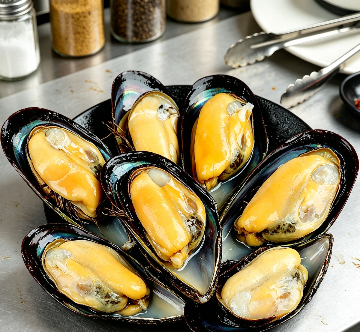 Close-up of plump steamed mussel meat