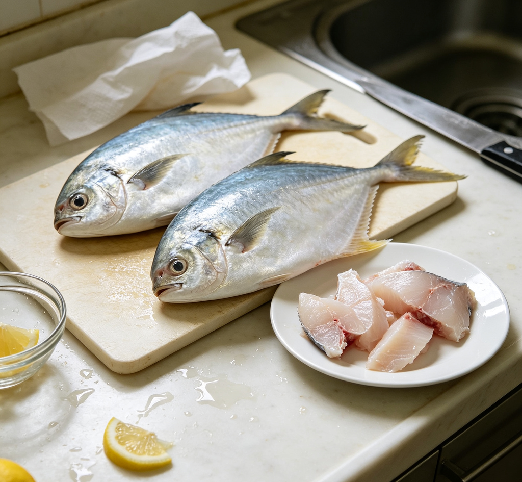 Neatly cut fish fillets on a tray