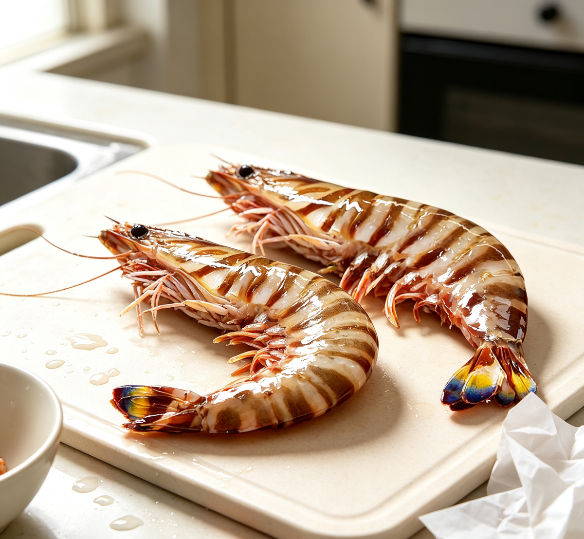 Fresh tiger prawns with brown and white stripes
