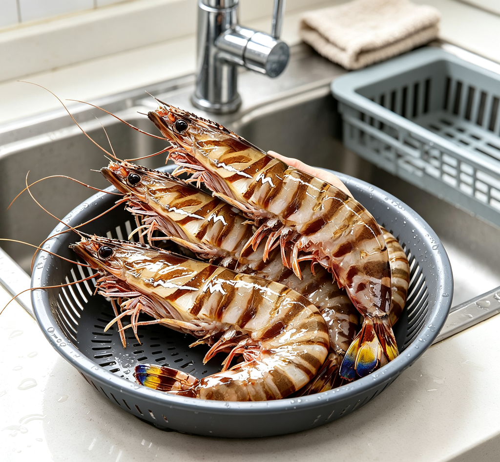 Large striped prawns arranged on a platter