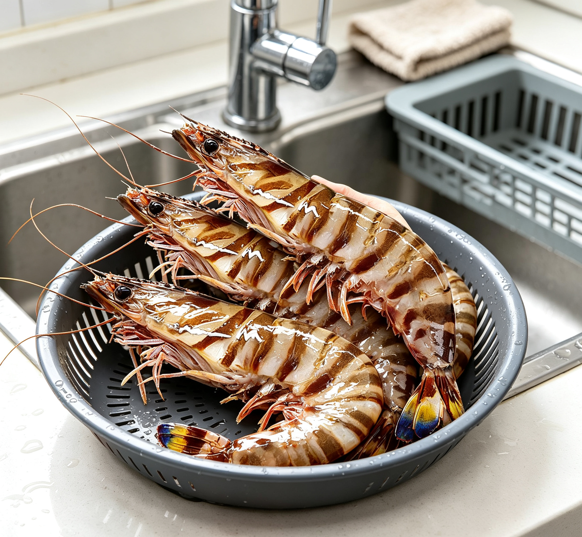 Large striped prawns arranged on a platter