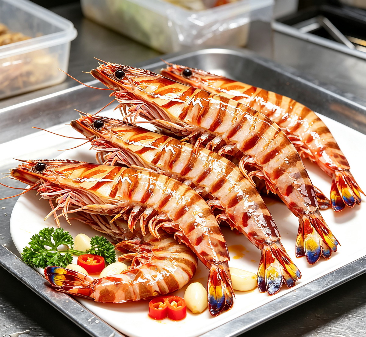 Close-up of glossy tiger prawn shells and tails